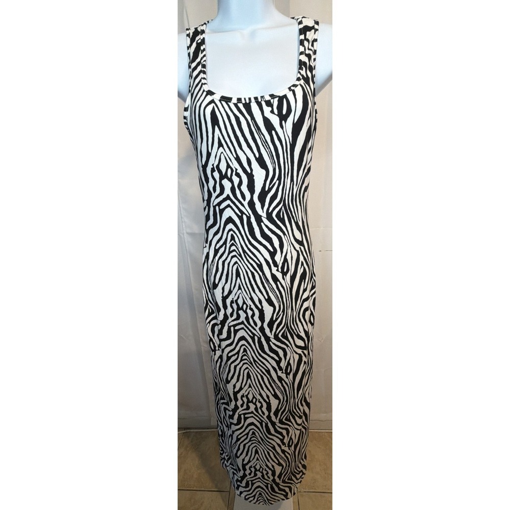 Women's Zebra Print Bodycon Tank Midi Dress Black White Sleeveless Size S - Picture 3 of 8